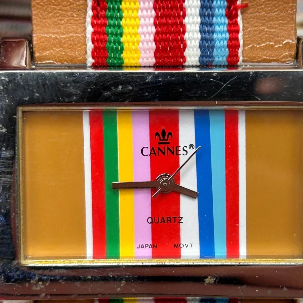 Cannes Quartz Watch Rectangle Silver Tone Rainbow Striped Dial Tan Strap‎ Tested